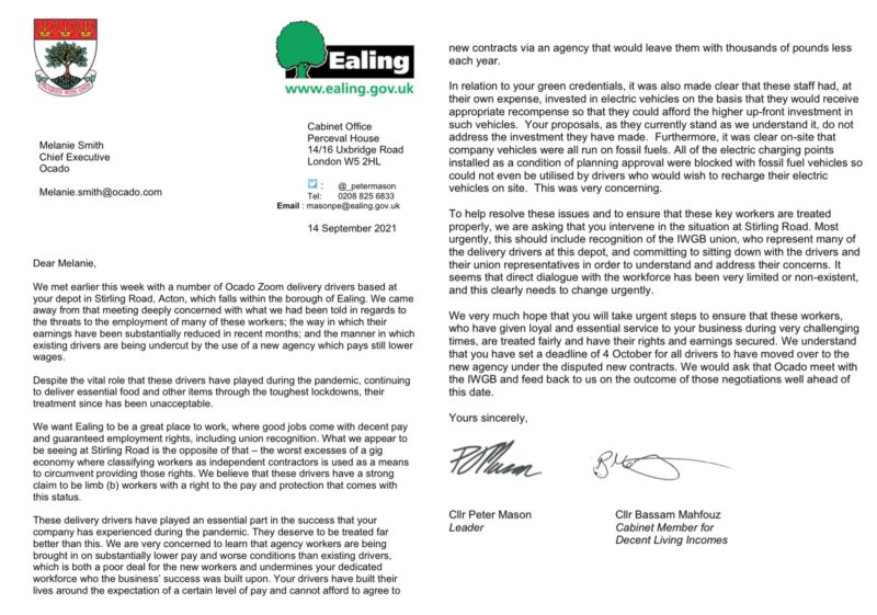 Letter to Ocado from Cllrs Mason and Mahfouz